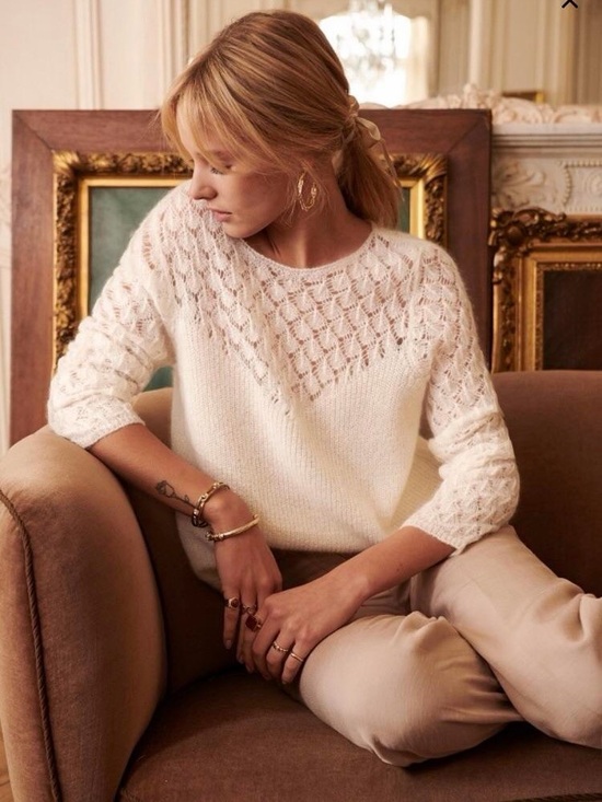 Sezane Sweaters - Sezane Hortense Open-Knit Yoke Mohair Wool Blend Sweater Ecru White